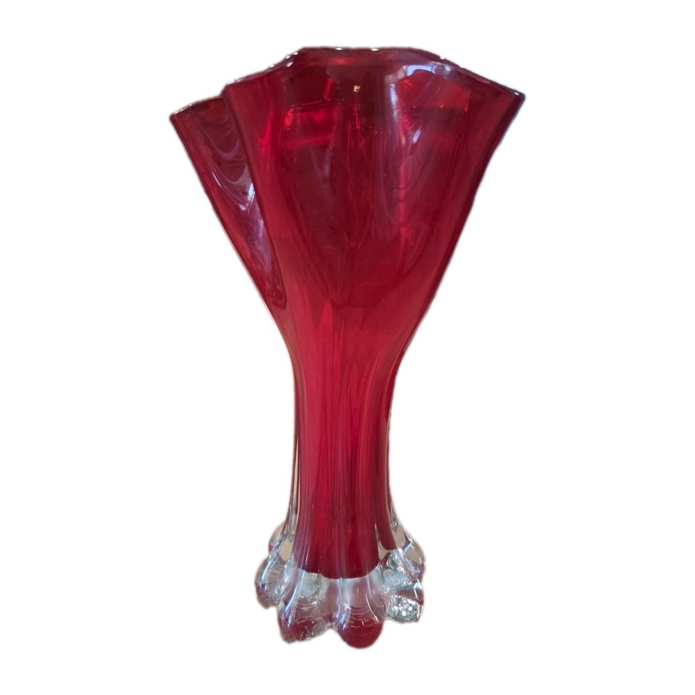 VTG MCM Red Handkerchief Art Glass Swung Trumpet Vase Whimsigoth Grandmillennial